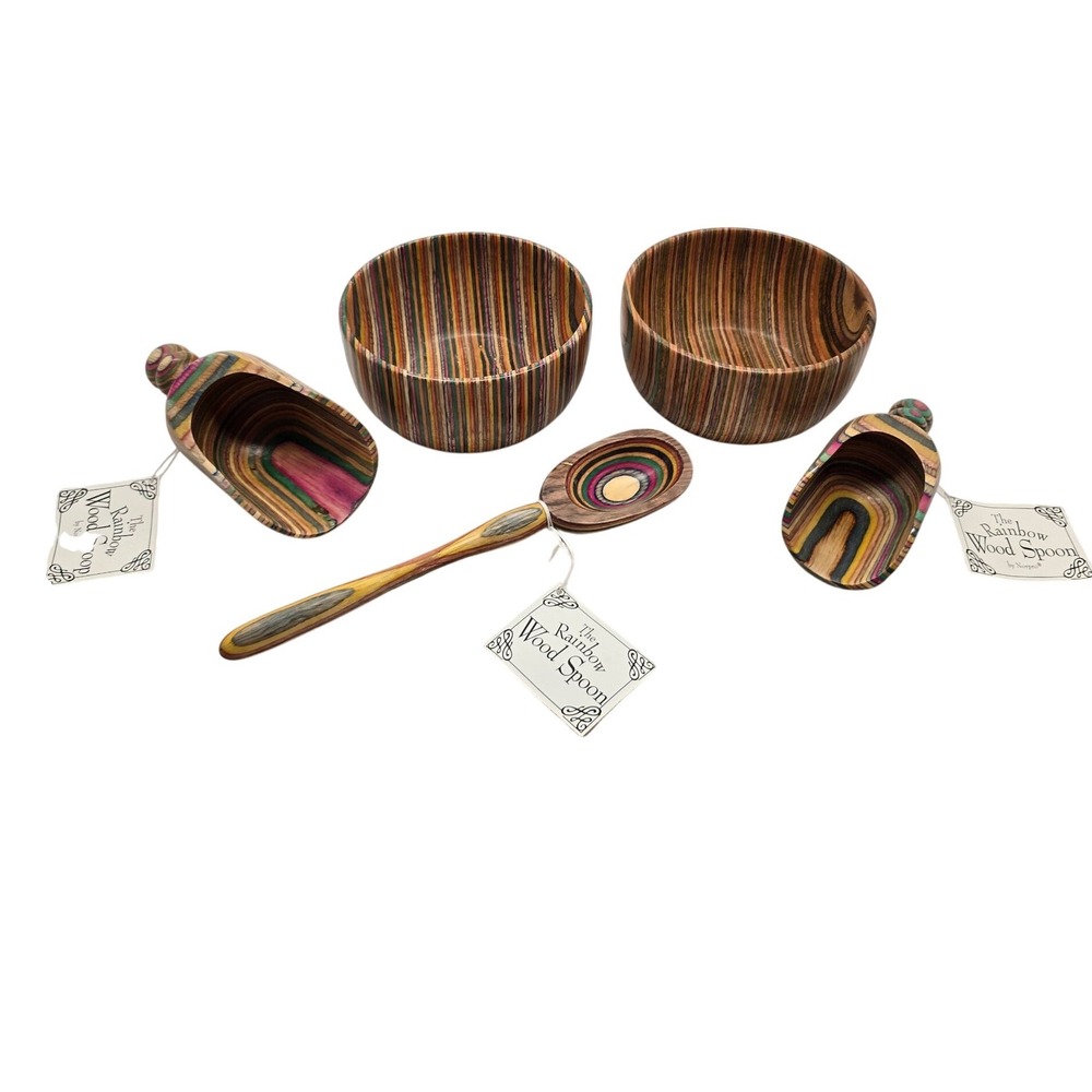 Norpro Rainbow Wood 5pc Set Laminated Hand-Dyed Bowls Scoops Spoon Boho Decor